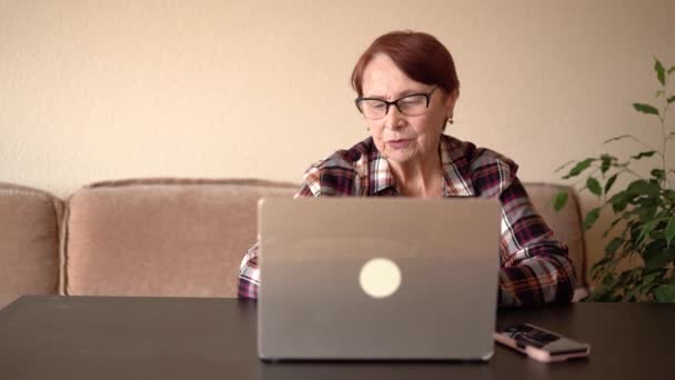 Mulher Velha Oitenta Anos Sentada Falando Telefone Com Seus Filhos — Vídeo de Stock