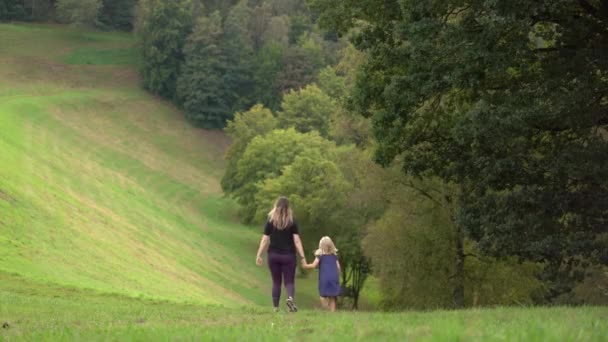 妈妈和女儿在一个绿色的公园里玩耍 从后面开枪 — 图库视频影像