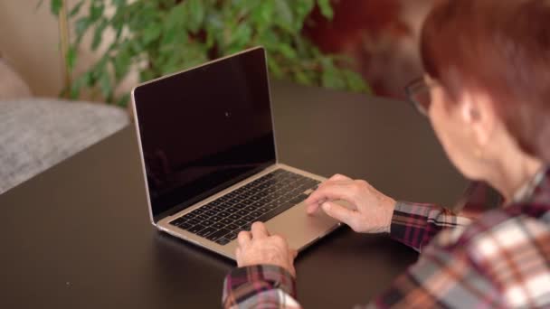80歳の老婦人は 自宅で働くラップトップを持って座っています 手とラップトップのクローズアップ — ストック動画