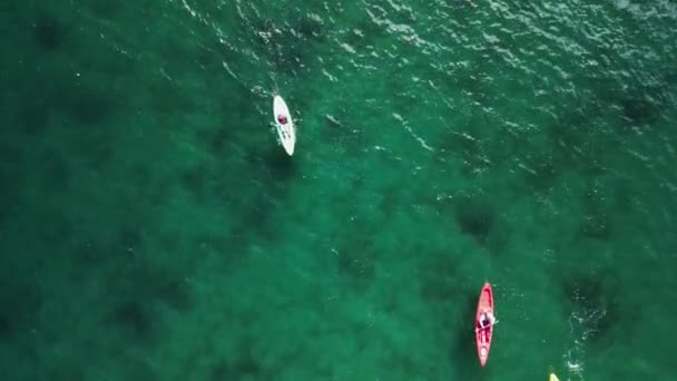 Kajaky Různých Barev Plují Vodě Oceánu Pohled Shora Natáčení Dronu — Stock video