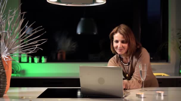 Woman Freelancer Home Kitchen Having Romantic Conversation Laptop Festive Dress — Stock Video