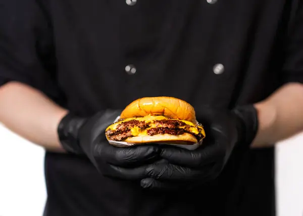 Craft Juicy Burger Cheese Held Hands Chef Black Gloves — Stock Photo, Image