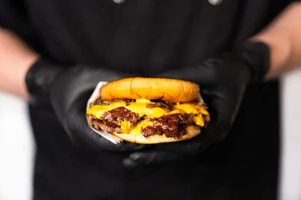 Craft Juicy Burger Cheese Held Hands Chef Black Gloves White — Stock Photo, Image