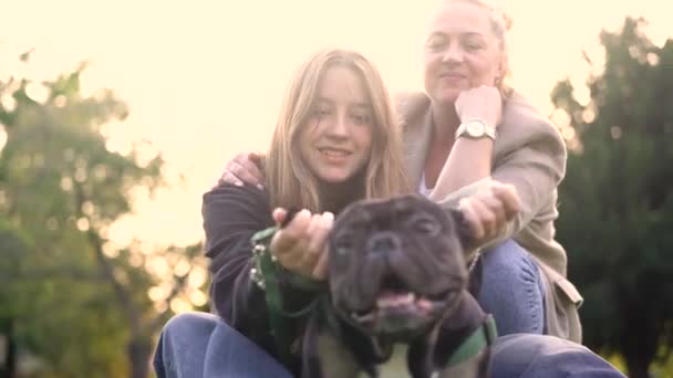 ママと娘は芝生4Kの映像で公園で彼らの犬フランスのブルドッグと遊ぶ — ストック動画