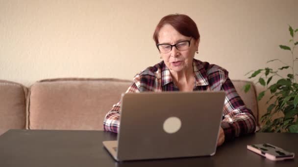 Stara Kobieta Osiemdziesiąt Lat Siedzi Rozmawia Przez Telefon — Wideo stockowe