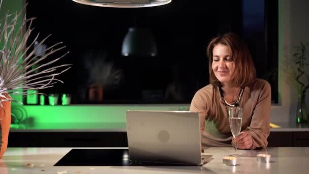 Woman Freelancer Home Kitchen Having Romantic Conversation Laptop Festive Dress — Stock Video