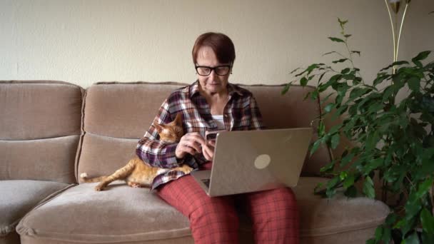 Γριά Ογδοντάχρονη Που Κάθεται Λάπτοπ Της Και Δουλεύει Στο Σπίτι — Αρχείο Βίντεο