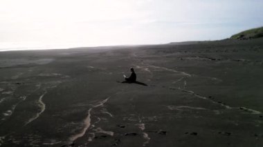 Laptoplu bir kız İzlanda 'da siyah bir sahilde oturuyor. Özgürlük ve serbest dolaşım kavramı, İHA 'nın 4K görüntüsü.