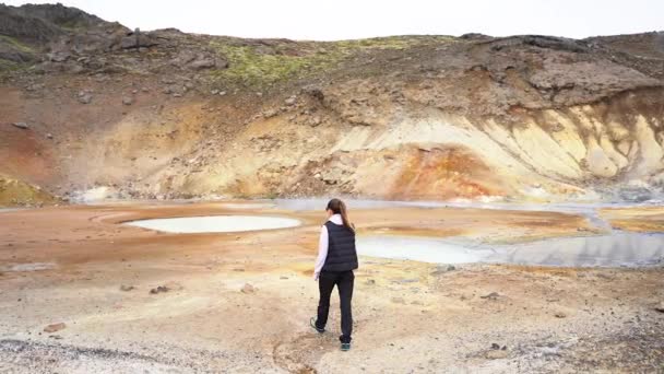Menina Passeios Turísticos Zona Geyser Geotérmica Islândia — Vídeo de Stock