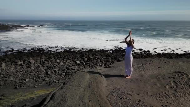 Menina Fazendo Ioga Uma Rocha Perto Oceano Vista Drone Islândia — Vídeo de Stock