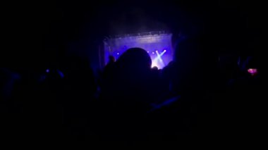 Mutlu insanlar inanılmaz bir müzik konseri izliyorlar. Neşeli hayranlar zıplıyor ve ellerini kaldırıyor. Heyecanlı hayranlar en sevdikleri şarkıyı söyleyen popüler grubu alkışlıyorlar. Telefonları olan bir grup hayran.