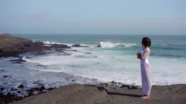 Girl Doing Yoga Rock Ocean View Drone Iceland Sunset — Stock Video