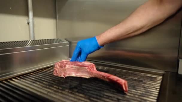 Arrosto Succosa Bistecca Carne Con Spezie Erbe Carboni Ardenti Fuoco — Video Stock