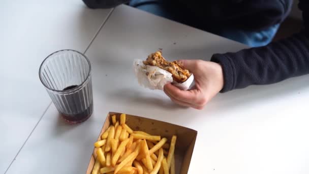 Pria Yang Makan Burger Restoran Menikmati Hamburger Dan Kentang Goreng — Stok Video