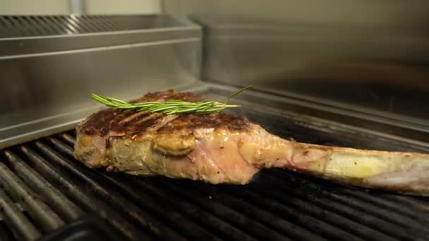 Arrosto Succosa Bistecca Carne Con Spezie Erbe Carboni Ardenti Fuoco — Video Stock