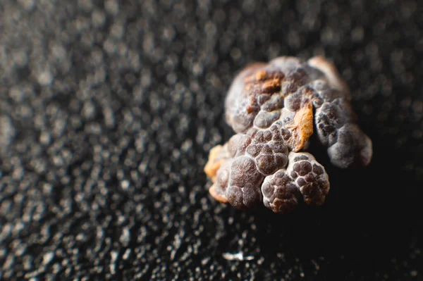 Close-up of a kidney stone. Neoplasm urolithiasis of the kidneys. nephrolithiasis - Closeup shot of a kidney stone renal calculus or nephrolith on a black porous background