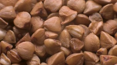 Kuru, kahverengi karabuğday Groats dönüşümlü makro. Büyük karabuğday taneleri, yakın plan. Vejetaryen yemeği..