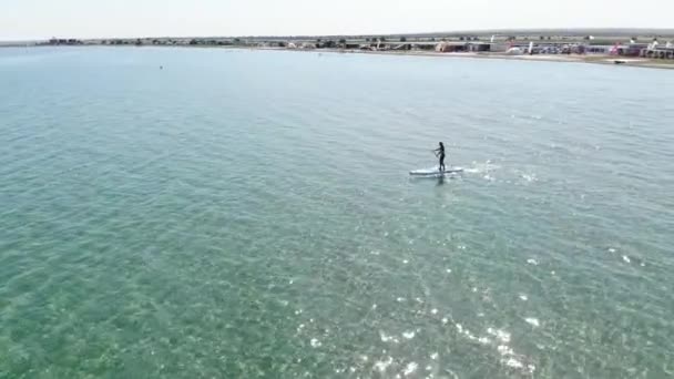 空气射击 年轻时髦的女人站在她的滑板上 在海里划船 一个戴着太阳镜和泳衣的女孩站在开阔的海面上 — 图库视频影像