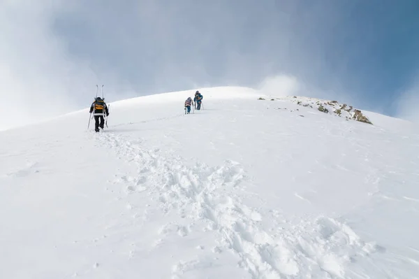 Mountaineers Walking Snowy Ridge Skis Backpack Skier Climbing Track Freeride — Stock Photo, Image
