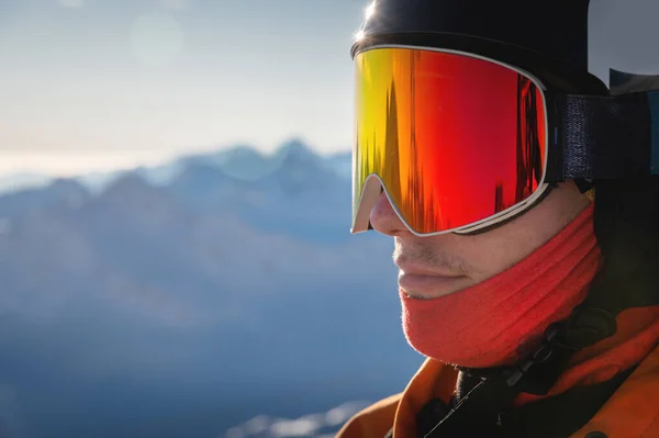 Close Portrait Guy Holding Skis Winter Wearing Sportswear Helmet Sunglasses — Stock Photo, Image