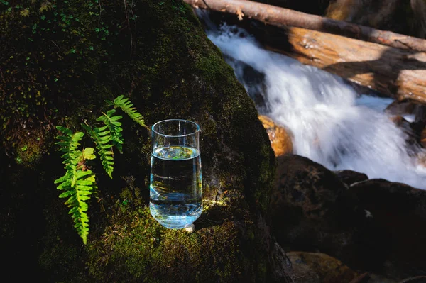 Acqua Limpida Bicchiere Trasparente Uno Sfondo Muschio Verde Con Fiume — Foto Stock