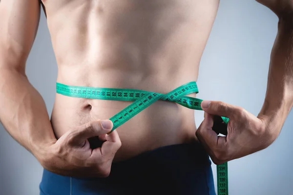 Caucasian Man Fitness Body Measuring Tape Abs Health Weight Loss — Stock Photo, Image