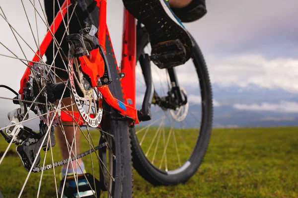 stock image Rear view of a mountain bike. Brake disc and rear suspension in focus. View of bicycle components outdoors.