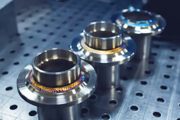 New Freshly Welded Stainless Steel Flanges Demonstration Reference Multi Colored Stock Picture