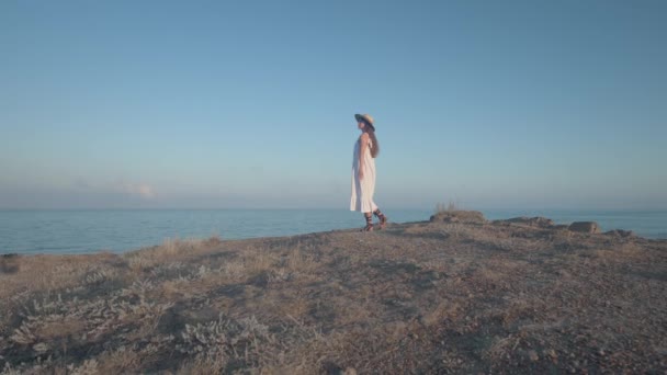 Zomer Levensstijl Gelukkige Vrouw Die Een Rots Boven Zee Staat — Stockvideo