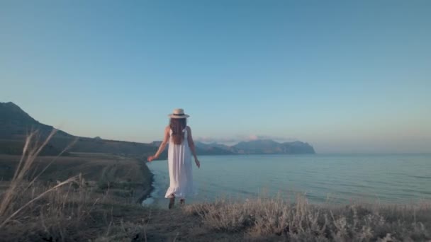 Widok Tyłu Kobieta Podróżnik Płynącymi Długimi Włosami Białej Sukience Słomkowym — Wideo stockowe
