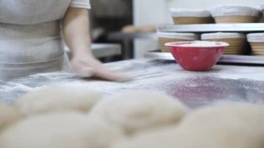 Dişi eller bir somun ekmeği hamur şeklinde yoğurur ve pişirme kabına koyar..
