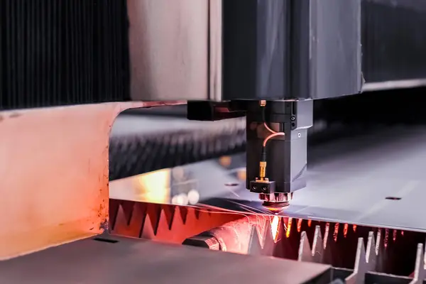 Scene close up, laser cutting machine cuts a metal plate. High-tech sheet metal production process using a laser cutting machine, CNC.