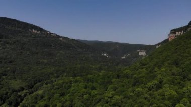 Uçsuz bucaksız dağların ve yeşil ormanların havadan çekilmiş görüntüleri. Yoğun bir ormanın üzerinde İHA uçurmak.