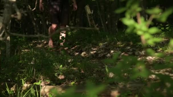 Zbliżenie Nogi Człowieka Spacer Ścieżce Lesie Rekreacja Świeżym Powietrzu Latem — Wideo stockowe