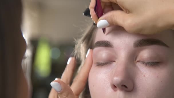 Beautiful Young Woman Beauty Salon Close Stylists Hands Pluck Eyebrows — Stock Video