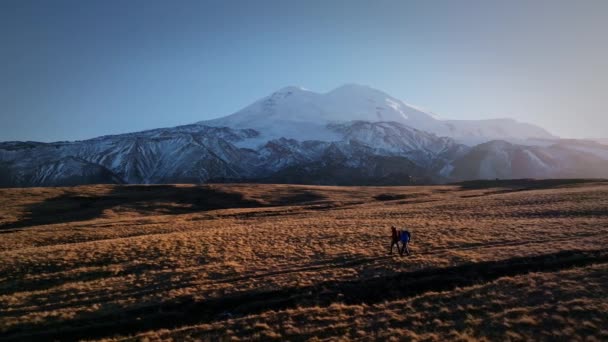 Dwóch Mężczyzn Plecakami Spaceruje Płaskowyżu Wysoko Górach Tle Ośnieżonych Gór — Wideo stockowe