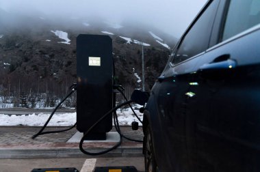 Şarj istasyonu kullanıyor. Yenilenebilir enerji kavramı. Sürdürülebilir kaynak kullanan elektrikli bir araba. Tasarruf, iklim değişikliği.