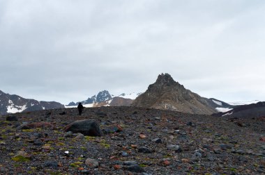 Tepelerin ve sıradağların engebeli arazisinin yakın görüntüsü. Kümülüs bulutlu resimli dağ manzarası. Vahşi yaşam. Sonbaharda yürüyüş..
