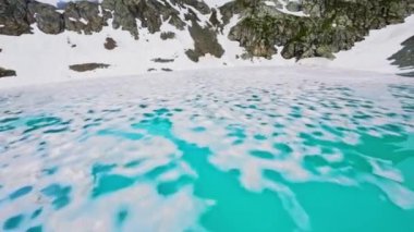 Ulusal Park. Karlı dağlar, buzul manzarası. Gölde çığ, uçuşta drone görüntüsü.