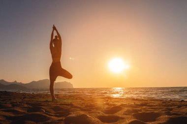 Vrikshasana ağacı yoga pozu, gün batımında ya da gün doğumunda kadın silueti. Deniz kıyısında sabah antrenmanı yapan bir kızın arka görüntüsü..