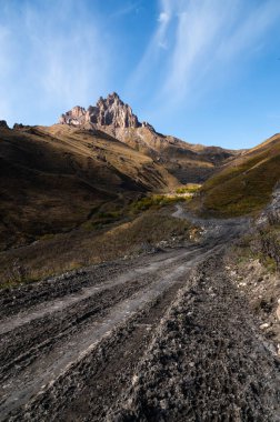 Parlak sonbahar yolu ile panoramik manzara dağ etrafında kuru otlar.