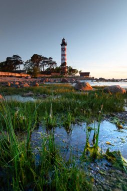 Finlandiya Körfezi 'ndeki deniz feneri batan güneş ışınları altında, beyaz geceler. Ön planda durgun bir su ve yeşillik görüyoruz..