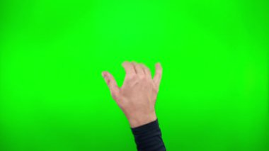 İnsan eli Shaka Surfer Hang işareti gösteriyor. Ot ile kafayı bulmanın uyuşturucu sembolü. Yeşil ekran, kompozisyon. Chroma Key arka planında hareket. Vücut dili.