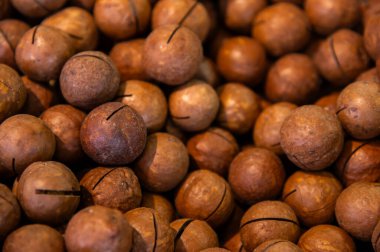 Arka plan olarak lezzetli macadamia fındığı dokusu, yakın plan. Lezzetli kahverengi macadamia fındıkları hemen açılıp yemek için kesikleri var..