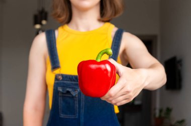 Elinde kırmızı biber tutan bir adam. Karabiber hasadını elinde tutan dişi çiftçi, seçici odaklanma. Ev yemeği..