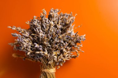 Parlak arka planda lavanta buketi. Kuru lavanta. Lavanta ürünleri. İşlem ve kozmetik üretimi. Lavanta yağı için arkaplan.