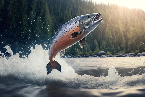 Salmon jumping out of the water created by Generative AI technology