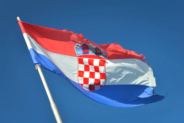 Shattered Croatian National Flag Waving Blue Sky Background Republic Croatia — Stock Photo, Image