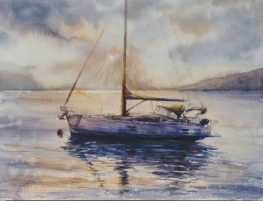 Günbatımında yelkenli yatı olan deniz manzaralı suluboya çizimi.