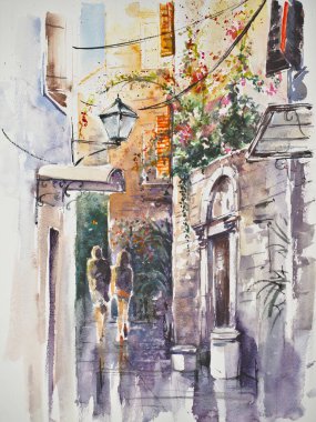 Tourists visit Old Town of Trogir, Croatia. Trogir is a medieval town in Dalmatia listed as UNESCO World Heritage Site.Picture created with watercolors.